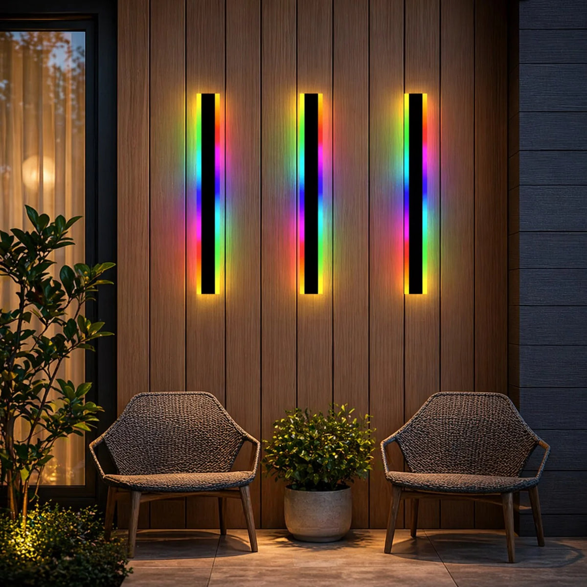 Three Burdekin RGB LED outdoor wall lights on a timber batten patio wall above outdoor chairs