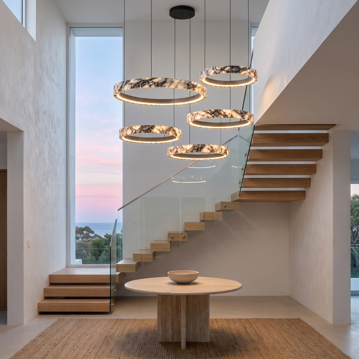 Byron multi-ring marble chandelier lit in a double-height entry void beside an oak staircase at dusk