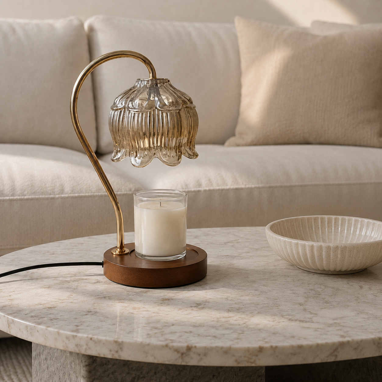 Caba glass candle warmer lamp glowing with warm ambient light