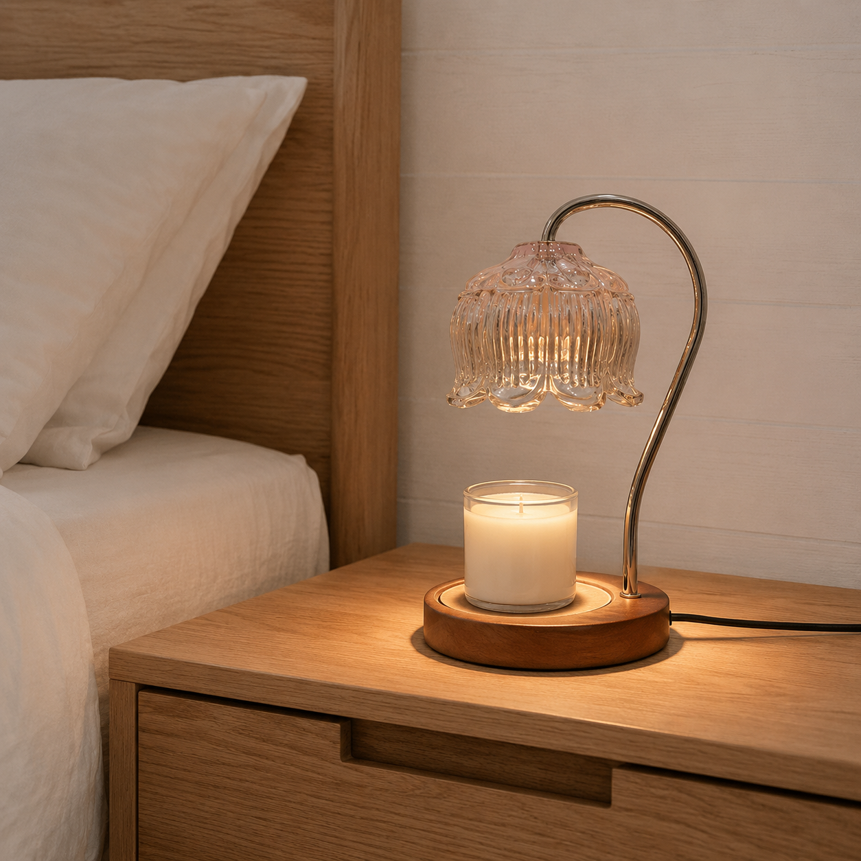 Caba glass candle warmer lamp in walnut finish on side table