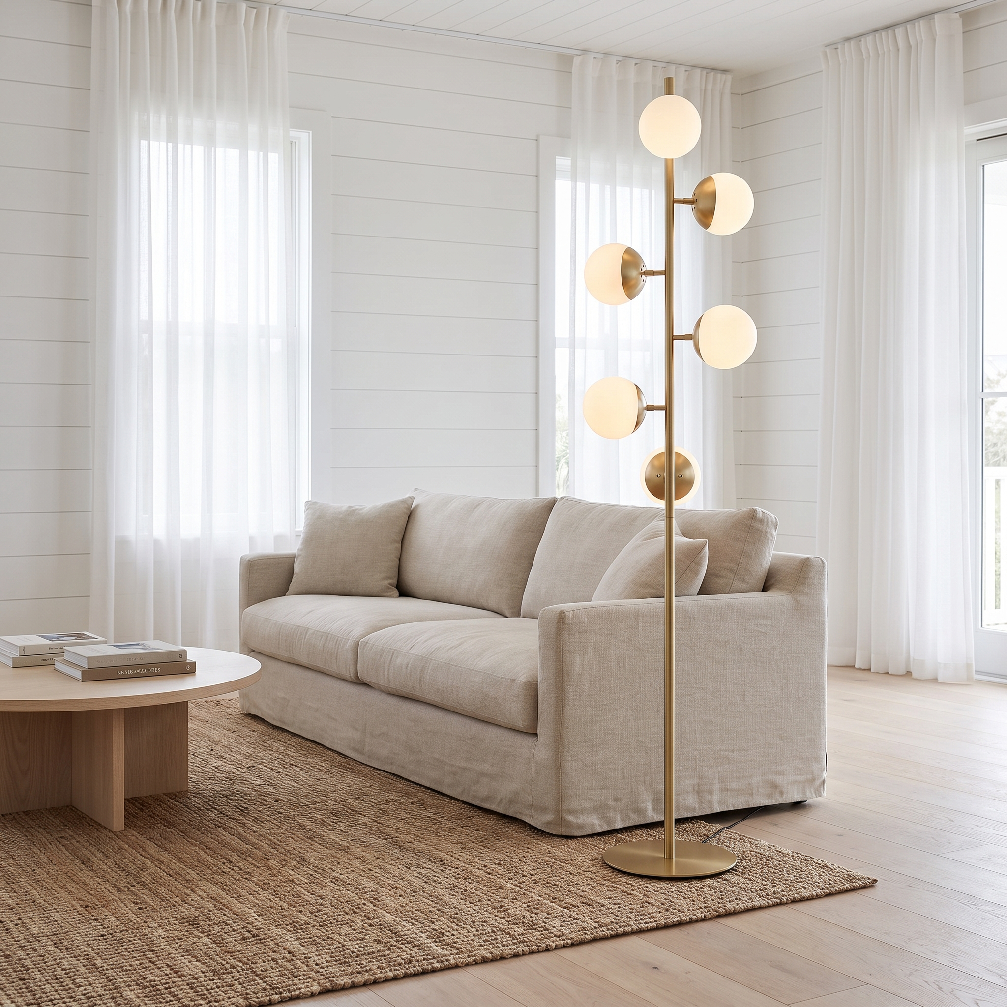 Cactus gold glass-globe floor lamp beside a linen sofa in a beach house living room