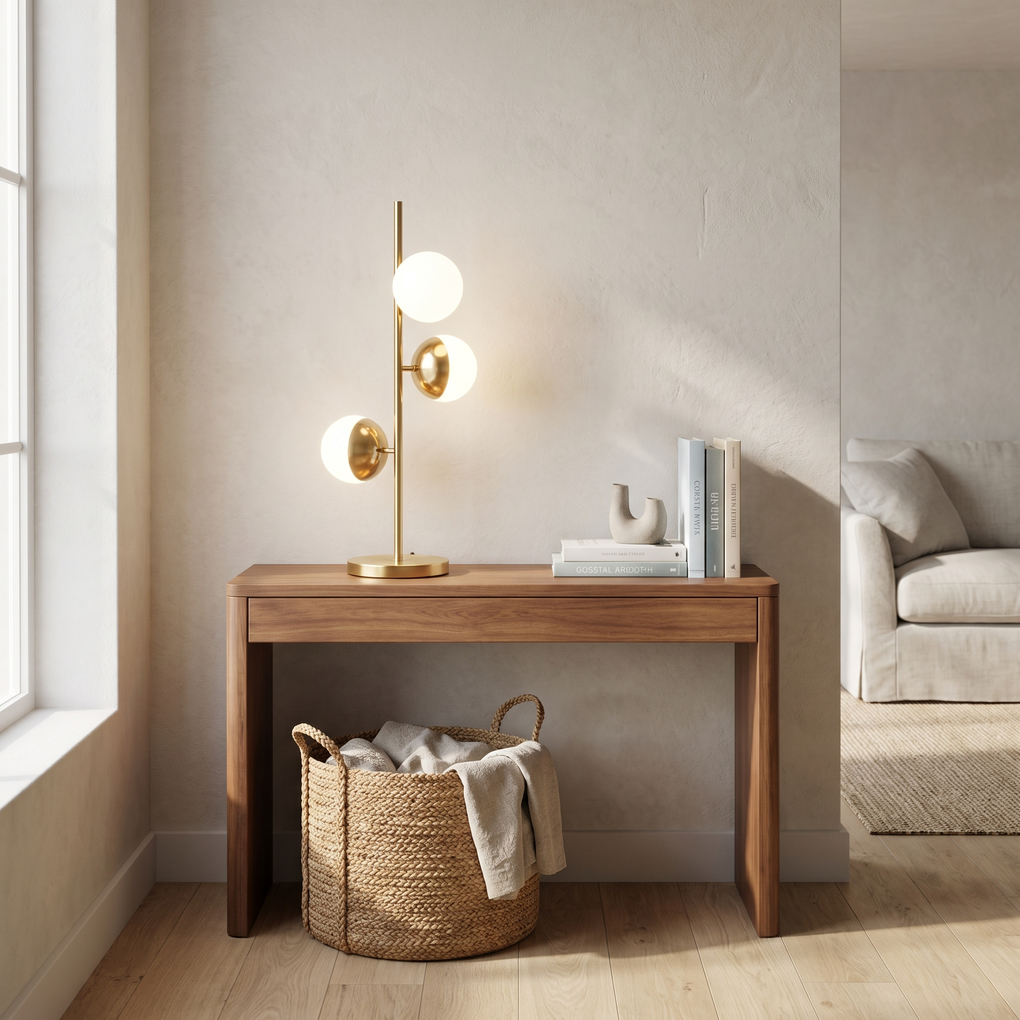 Cactus gold glass-globe table lamp on a console in a beach house living room