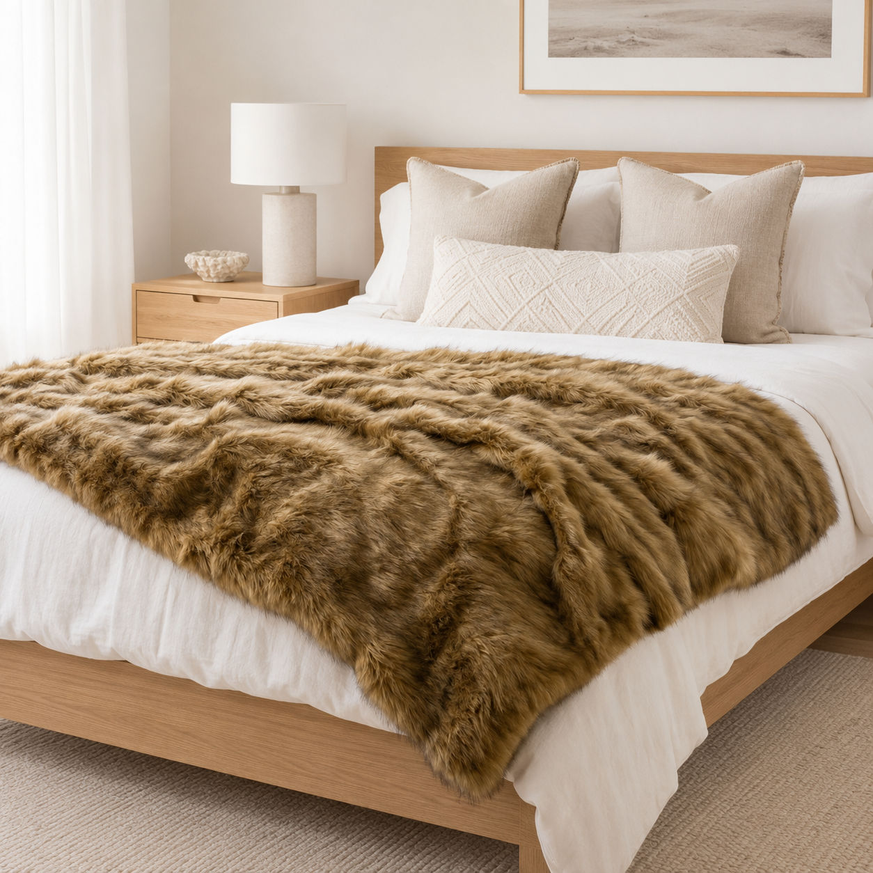 Calder Fur Throw Blanket draped over a sofa in a living room setting