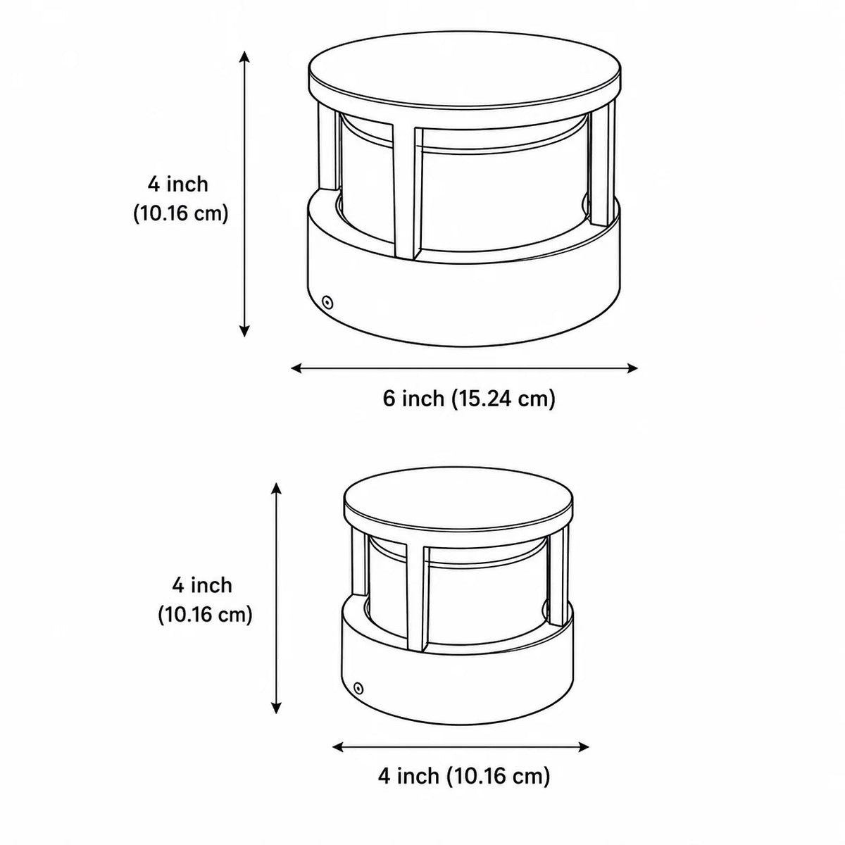 Cally LED garden post light dimensions, 10cm (4in) tall in 10cm (4in) or 15cm (6in) diameter sizes