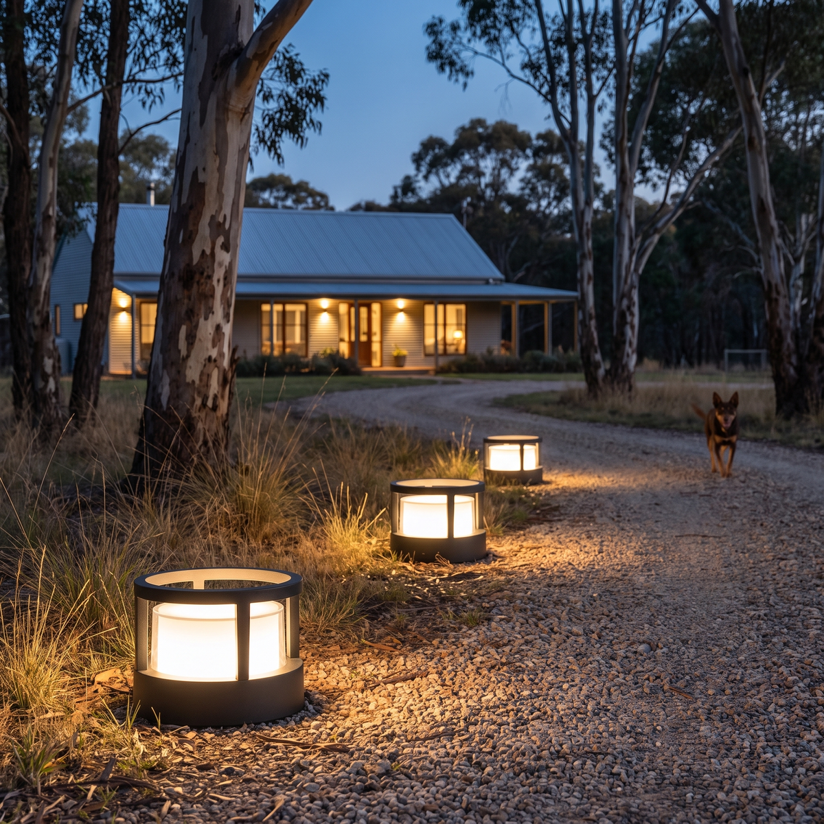 Cally LED garden post lights with hollow crown lining an acreage gravel driveway among gum trees at dusk
