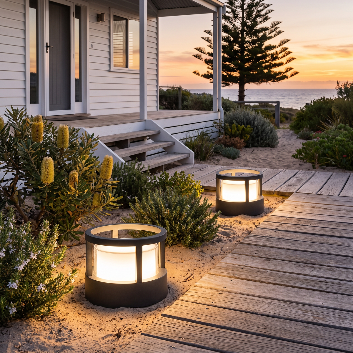 Cally LED garden post light with hollow crown lighting a beach house boardwalk with banksia at sunset