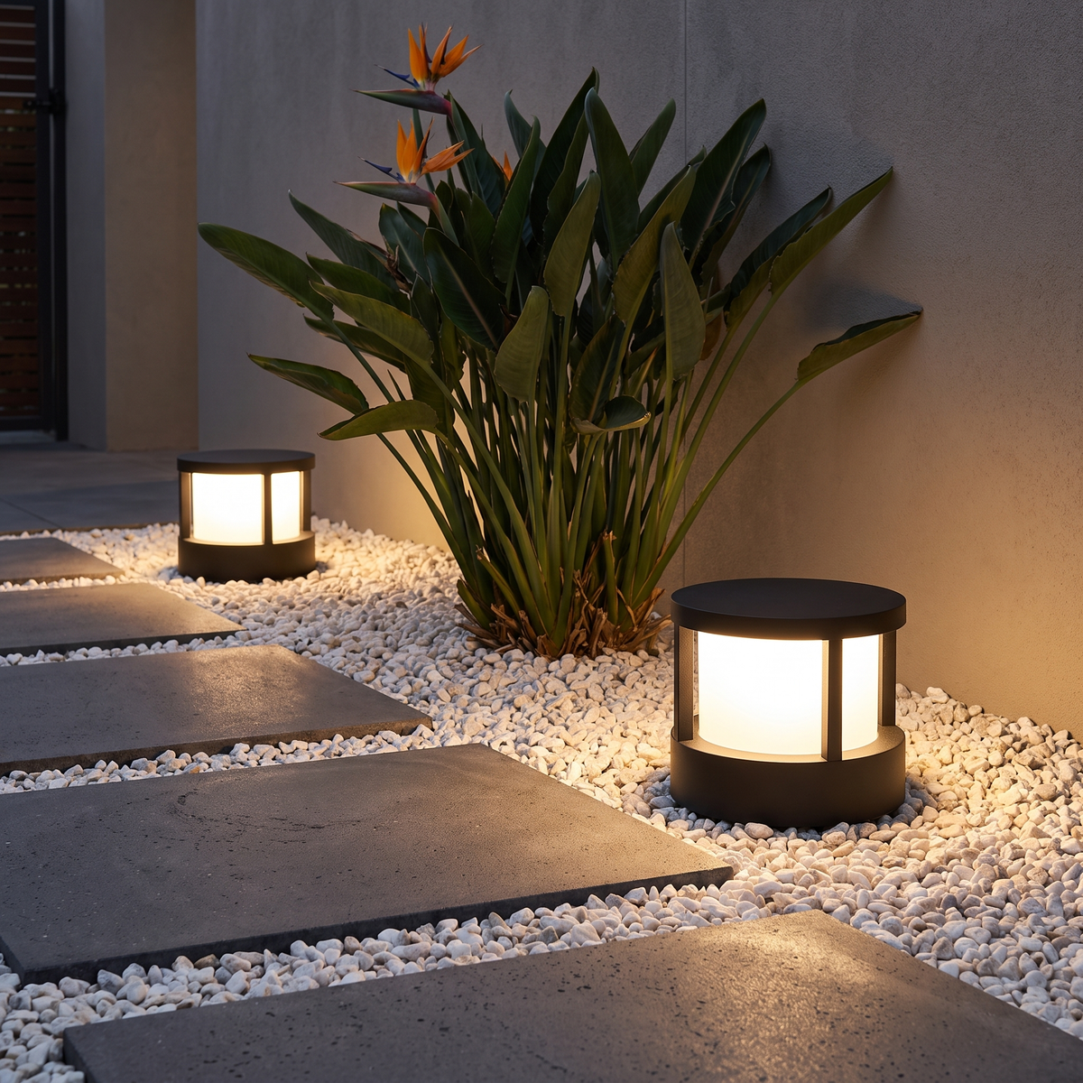 Cally LED garden post light with top lid glowing beside courtyard pavers set in white pebbles at night