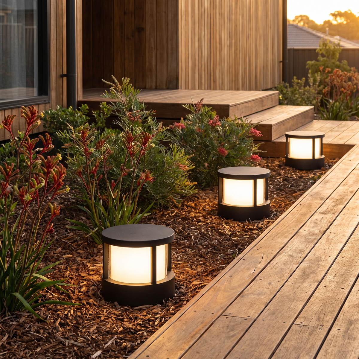 Three Cally LED garden post lights with top lid among kangaroo paw by spotted gum deck steps at golden hour