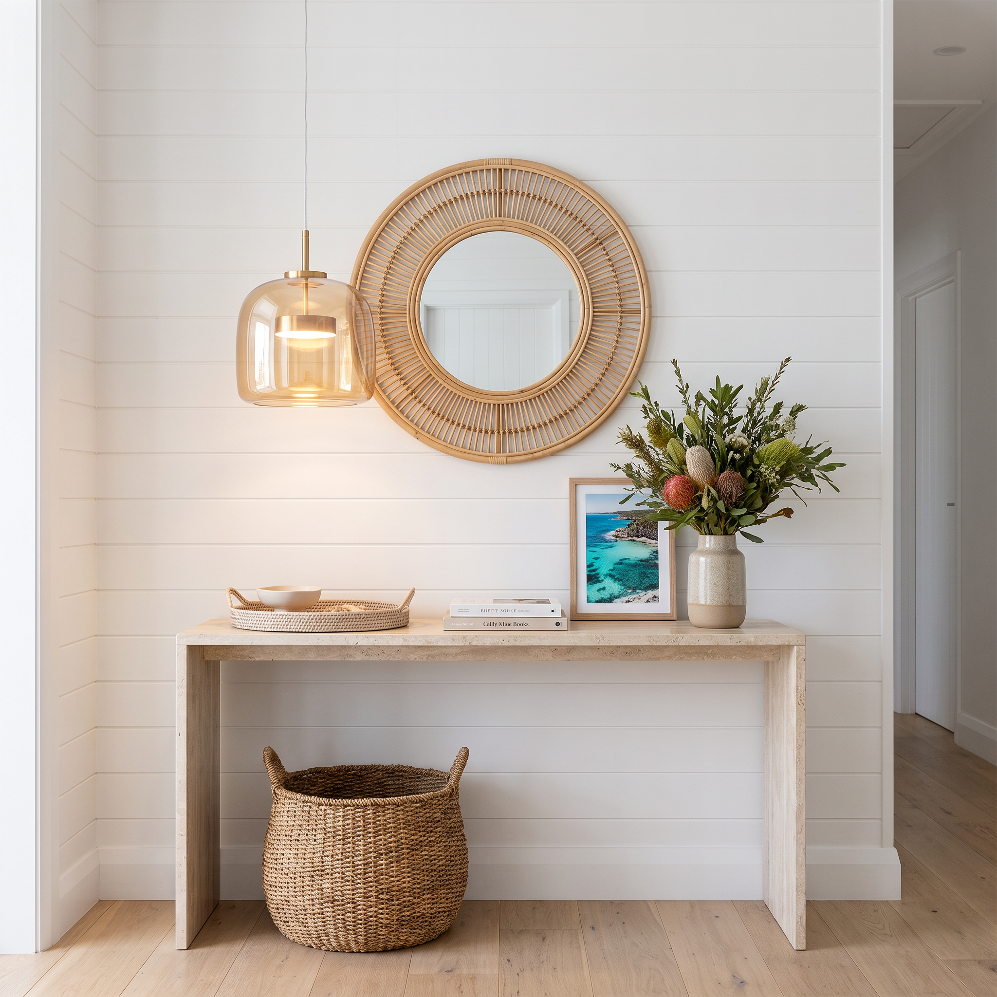 Camilla amber glass pendant light above a styled console in a coastal Scandinavian entryway