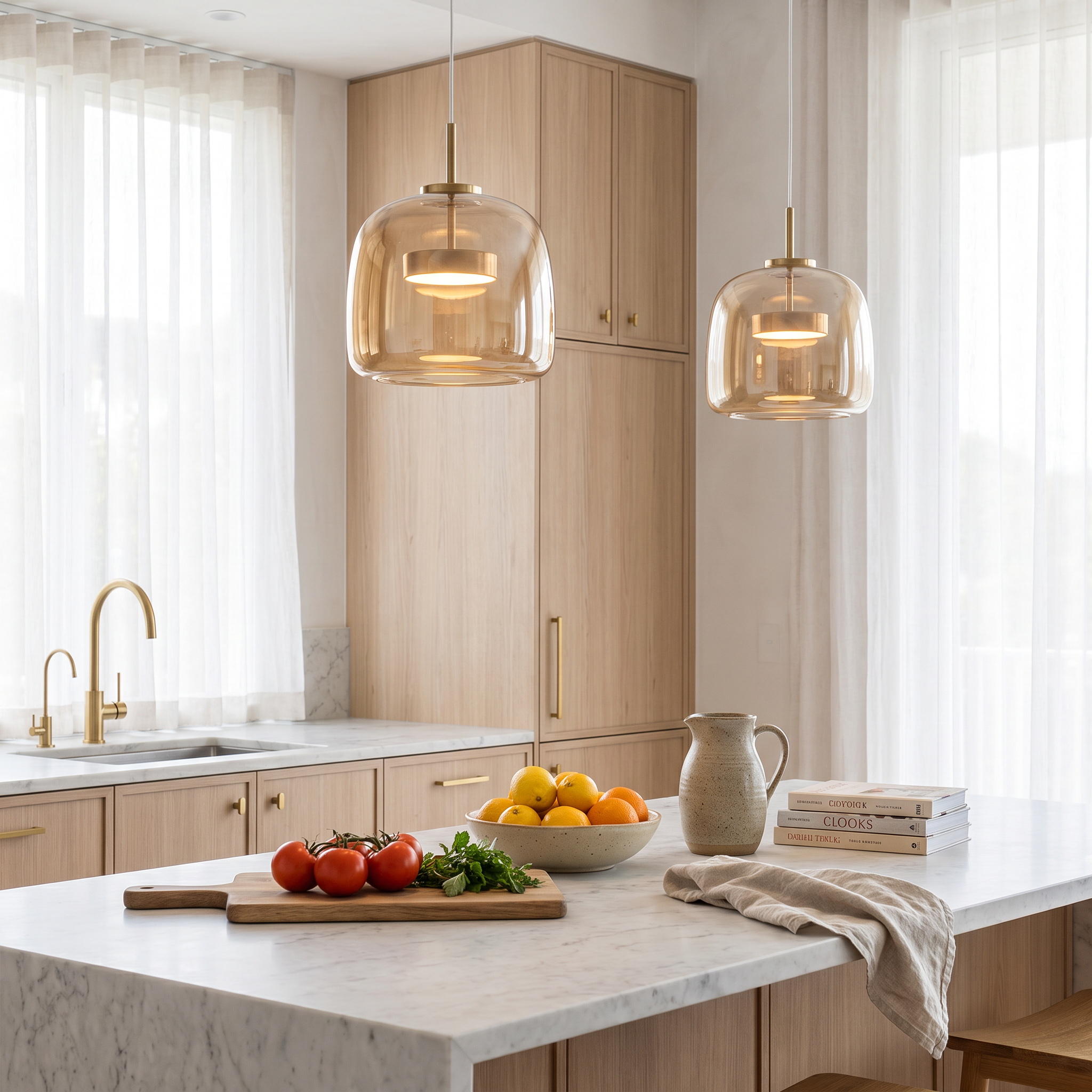 Two Camilla amber glass pendant lights over a marble kitchen bench in a coastal Scandinavian kitchen