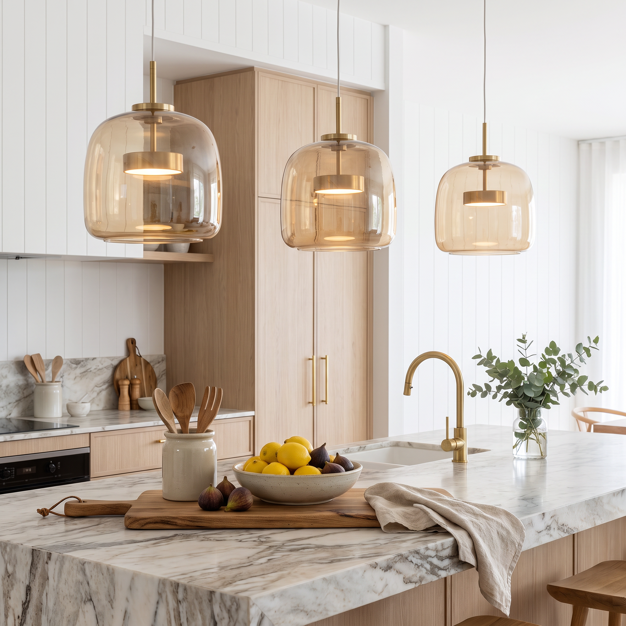 Three Camilla amber glass pendant lights over a veined marble kitchen island in a coastal beach house kitchen