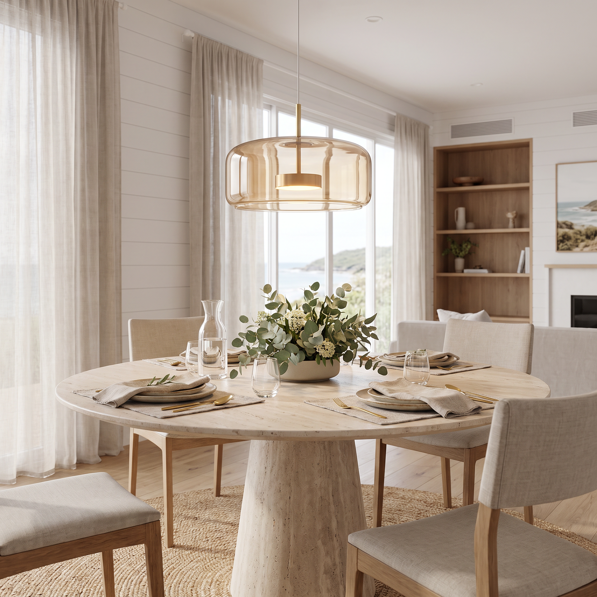 Single Camilla amber glass pendant light above a set round dining table in a coastal Scandinavian dining room
