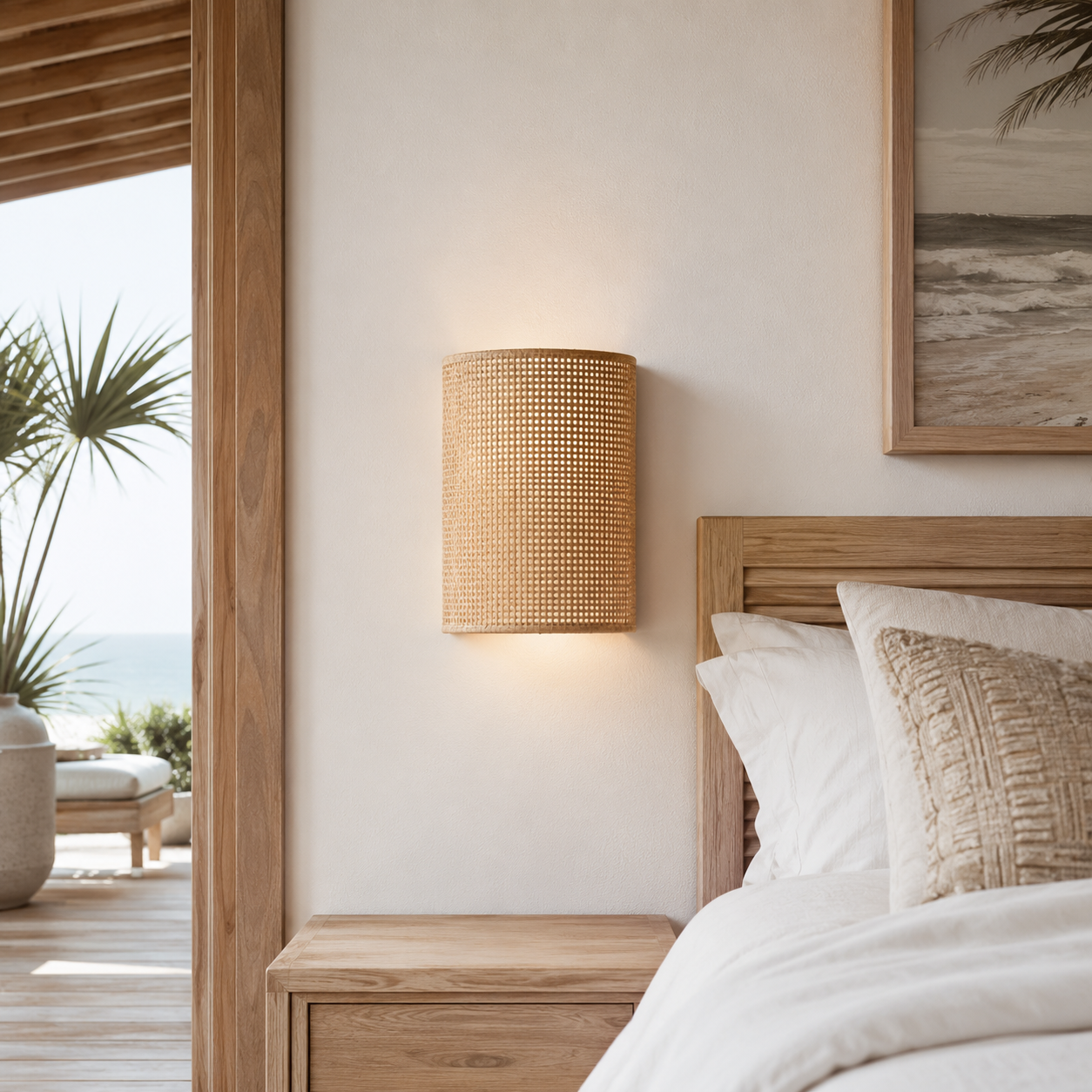 Canggu handwoven rattan and bamboo wall lamp mounted on a wall