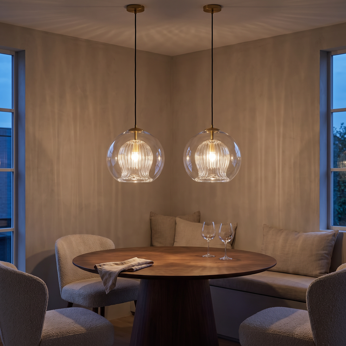 Two Capri clear glass pendants glowing over a round walnut table in an evening dining nook