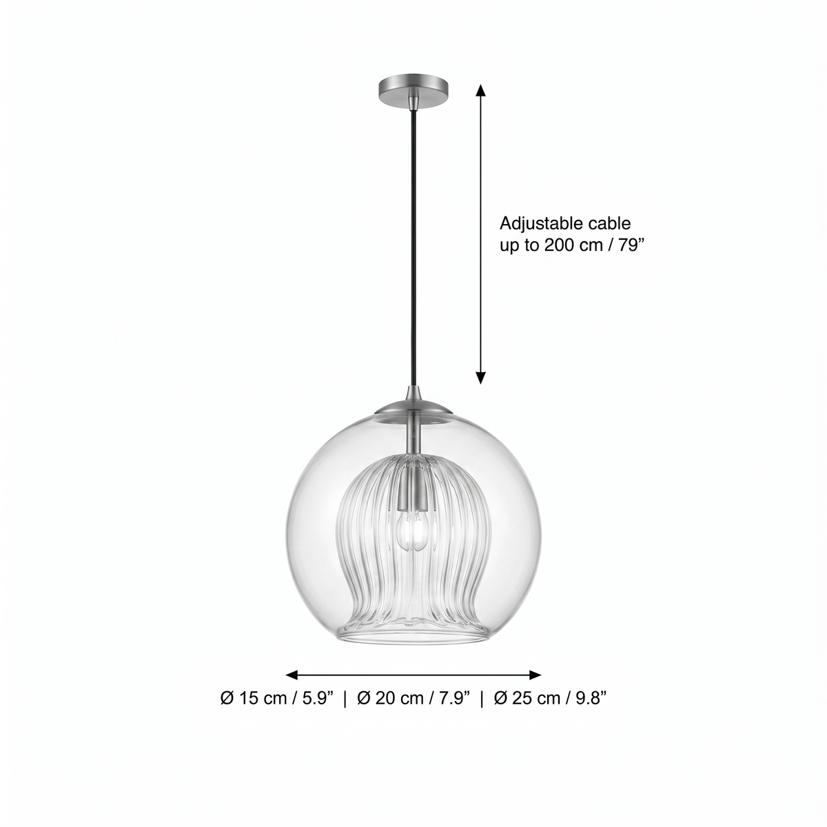 Capri glass pendant dimensions, 15, 20 or 25cm (5.9, 7.9 or 9.8in) diameter, cord up to 200cm (78.7in)