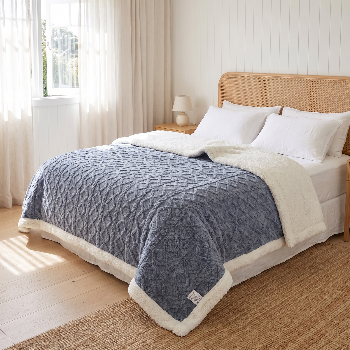 Cara reversible sherpa fleece throw blanket in Blue showing its white sherpa reverse in a beach house bedroom