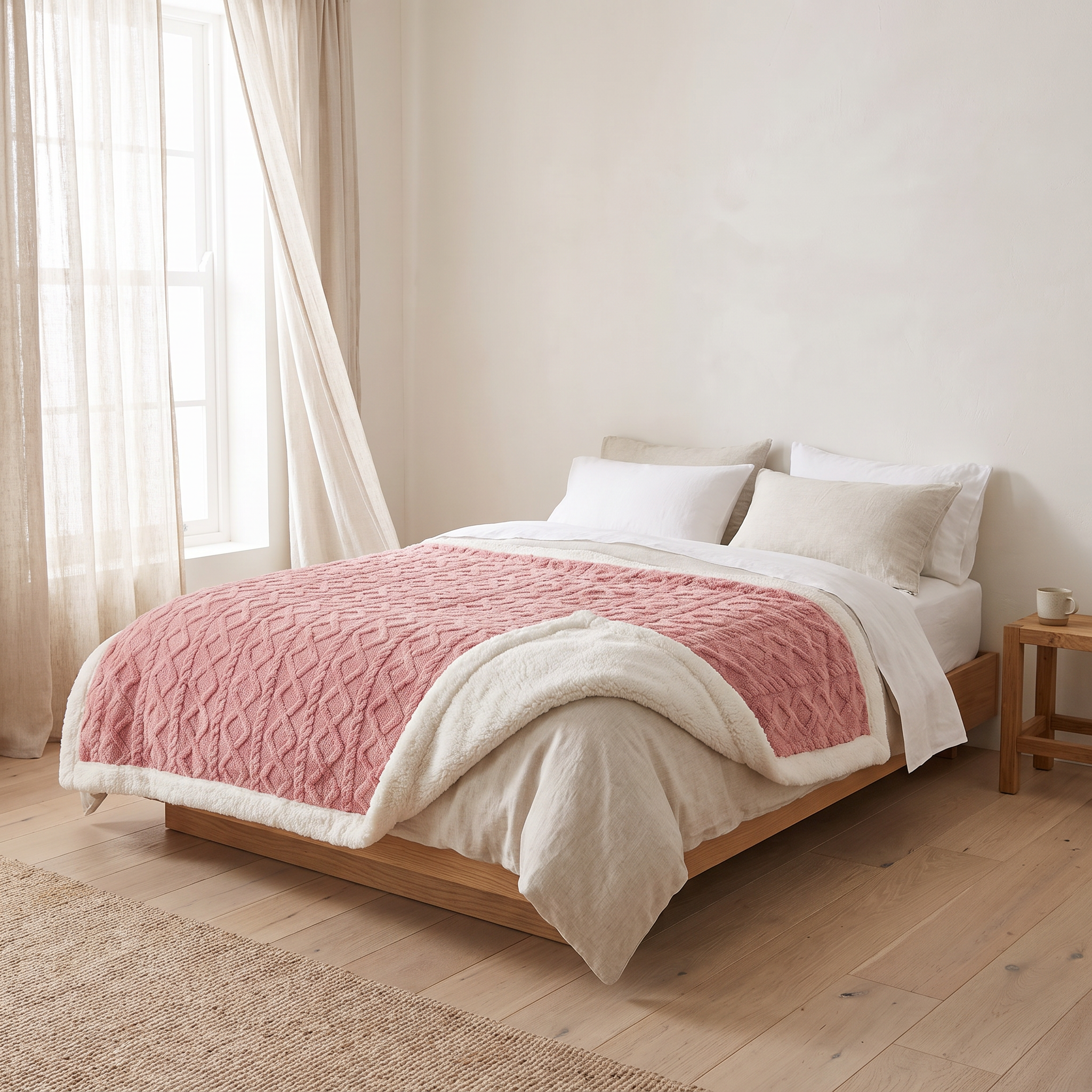 Cara reversible sherpa fleece throw blanket in Blush Pink showing its white sherpa reverse on an oak platform bed