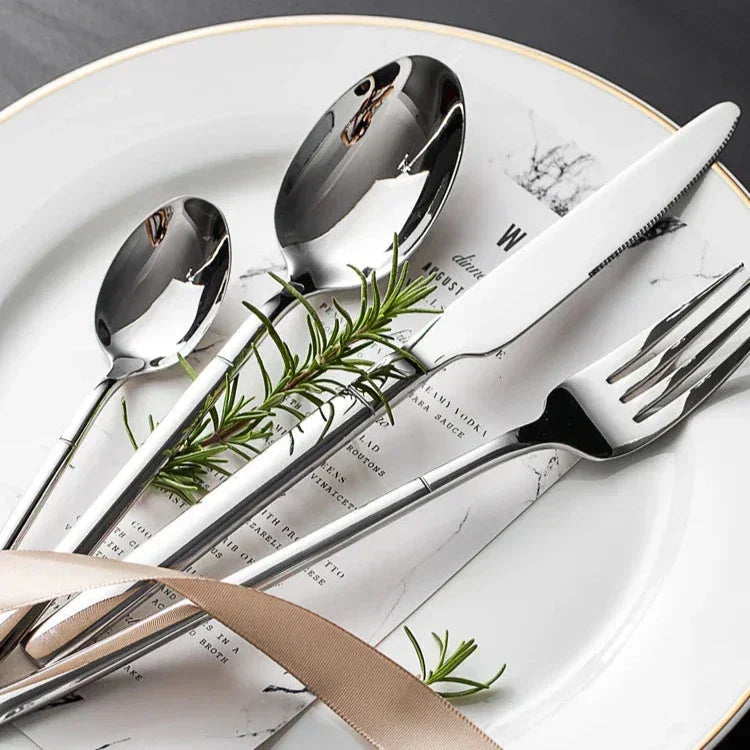 Catalina Stainless Steel Cutlery Set in Silver on a table