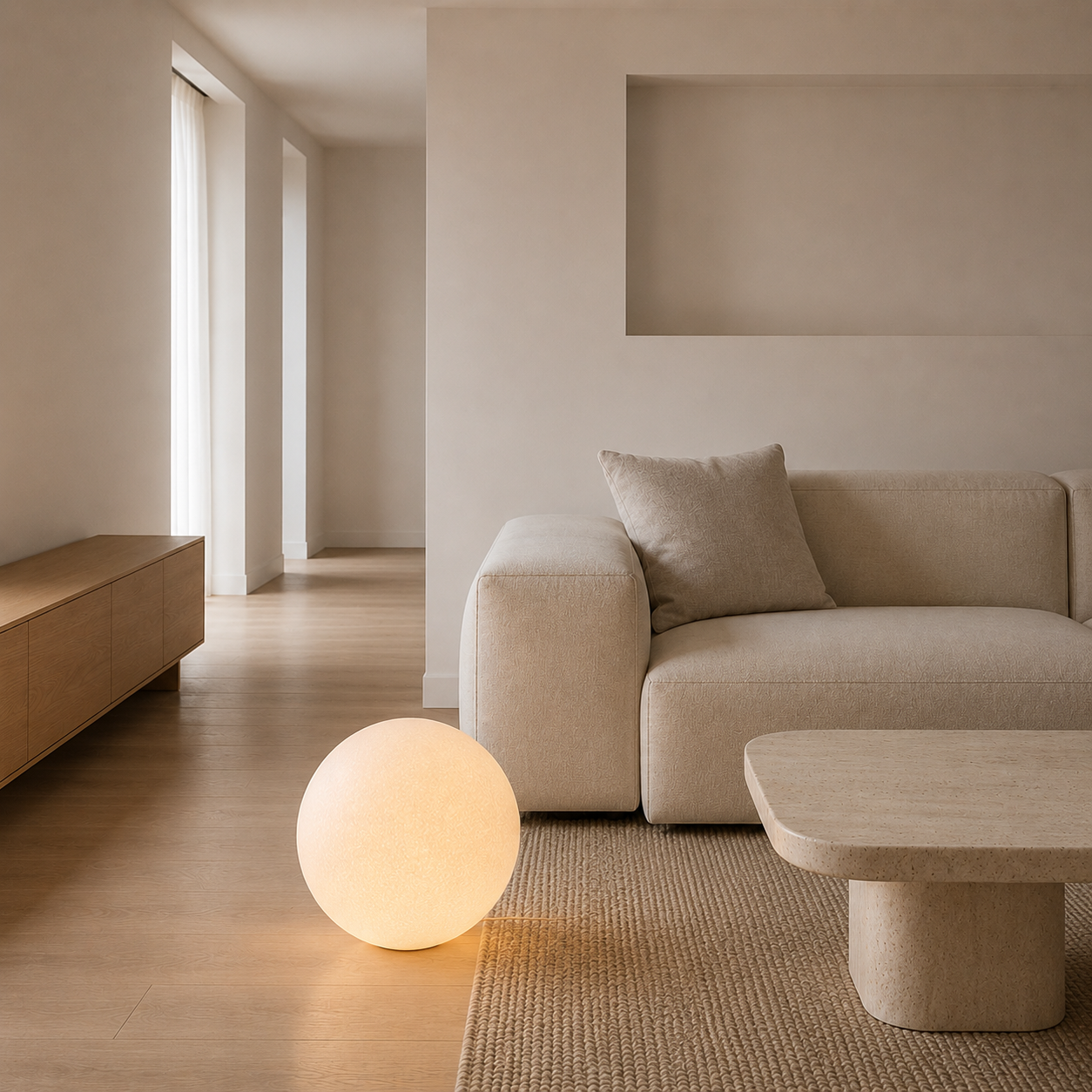 Celestial Ball floor lamp glowing with warm white light