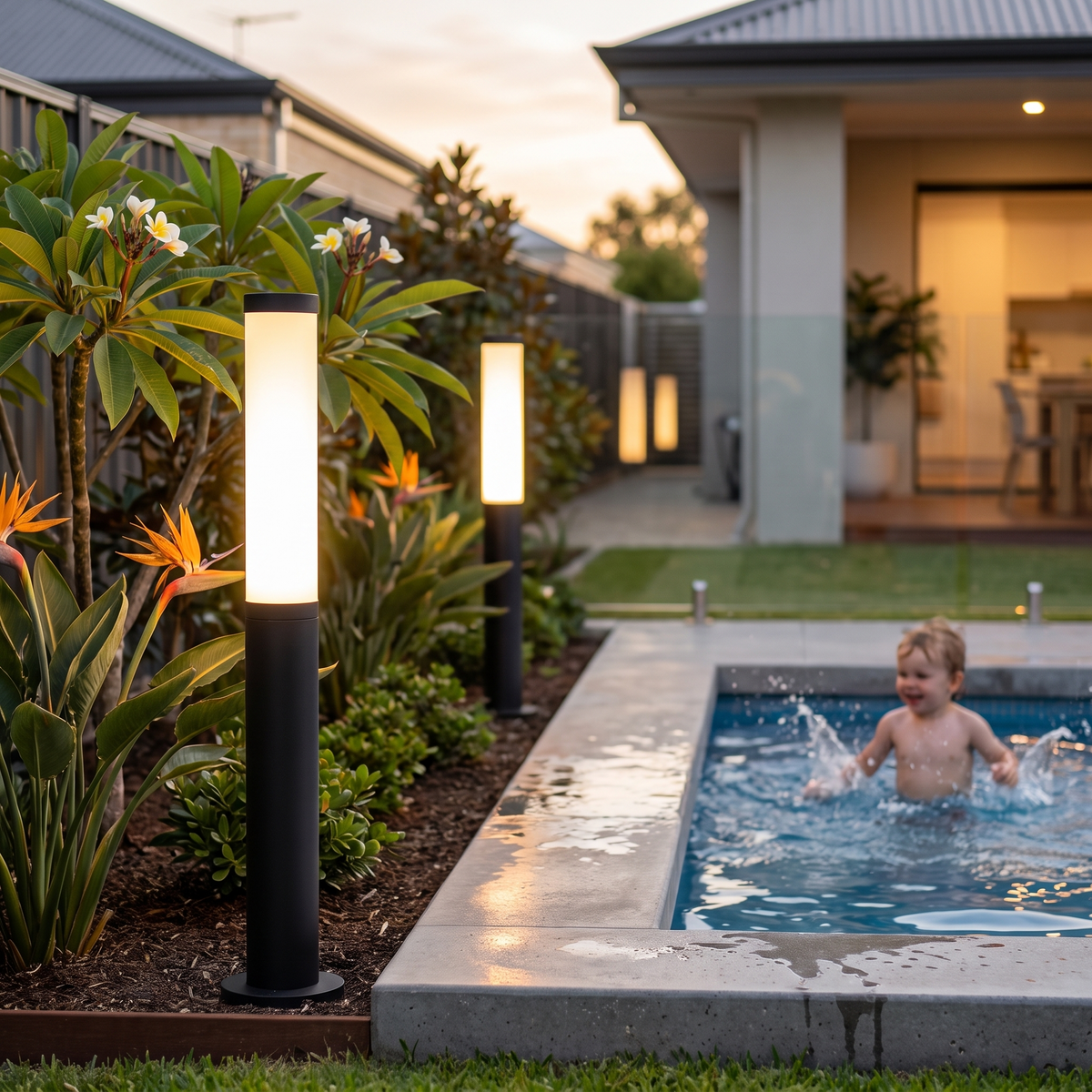 Two 78.7cm Clancy waterproof bollard lights in a frangipani bed beside a concrete plunge pool at twilight