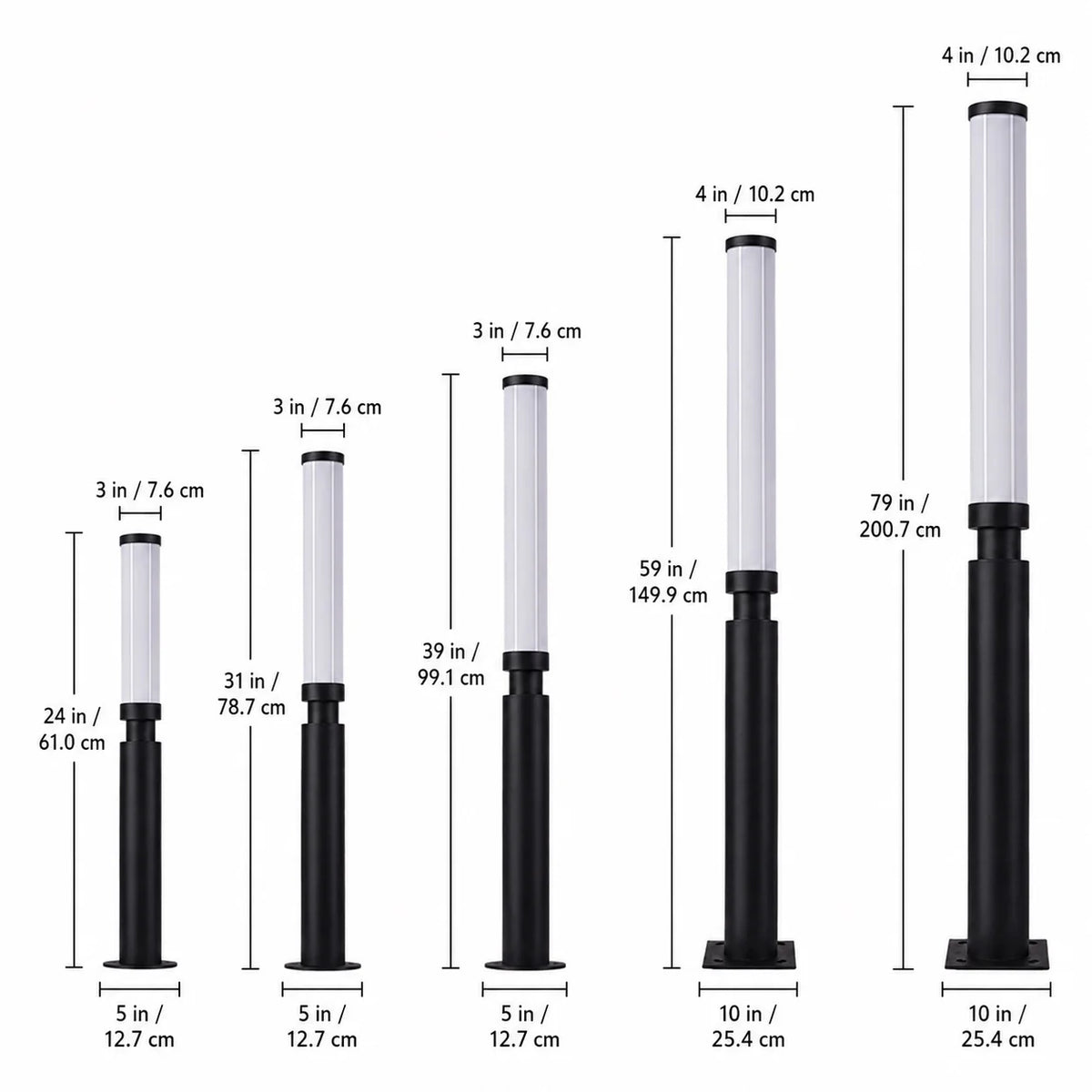 Clancy bollard light heights from 61cm to 200.7cm, with 7.6cm or 10.2cm diffusers and base plates