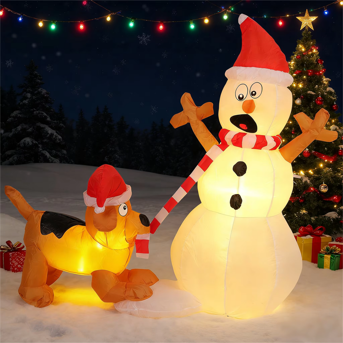 Claus inflatable snowman and dog Christmas decoration glowing in a snowy yard beside a Christmas tree