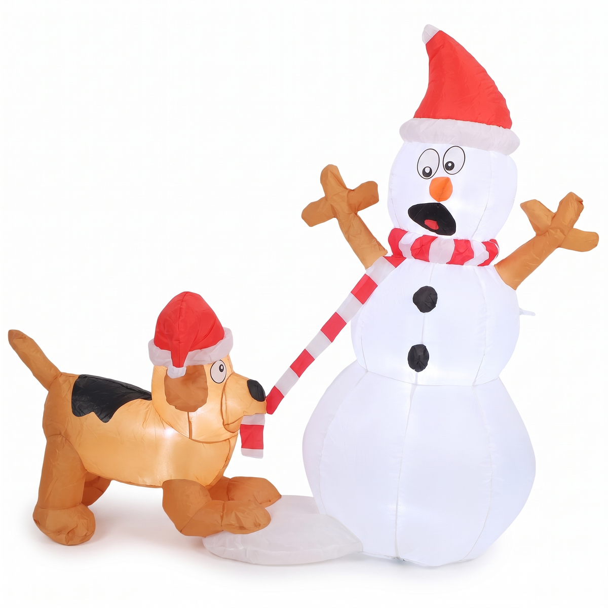 Claus inflatable snowman and dog Christmas decoration lit up on a white background