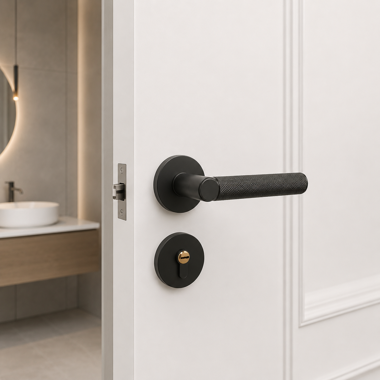 Clovelly Zinc Alloy Door Lock Set installed on a bathroom door