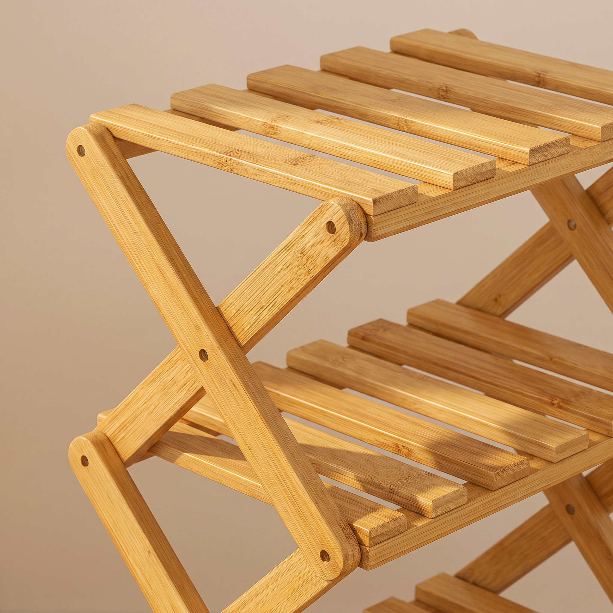 Close-up detail of the Collaroy natural bamboo shoe rack slats and tiered shelves