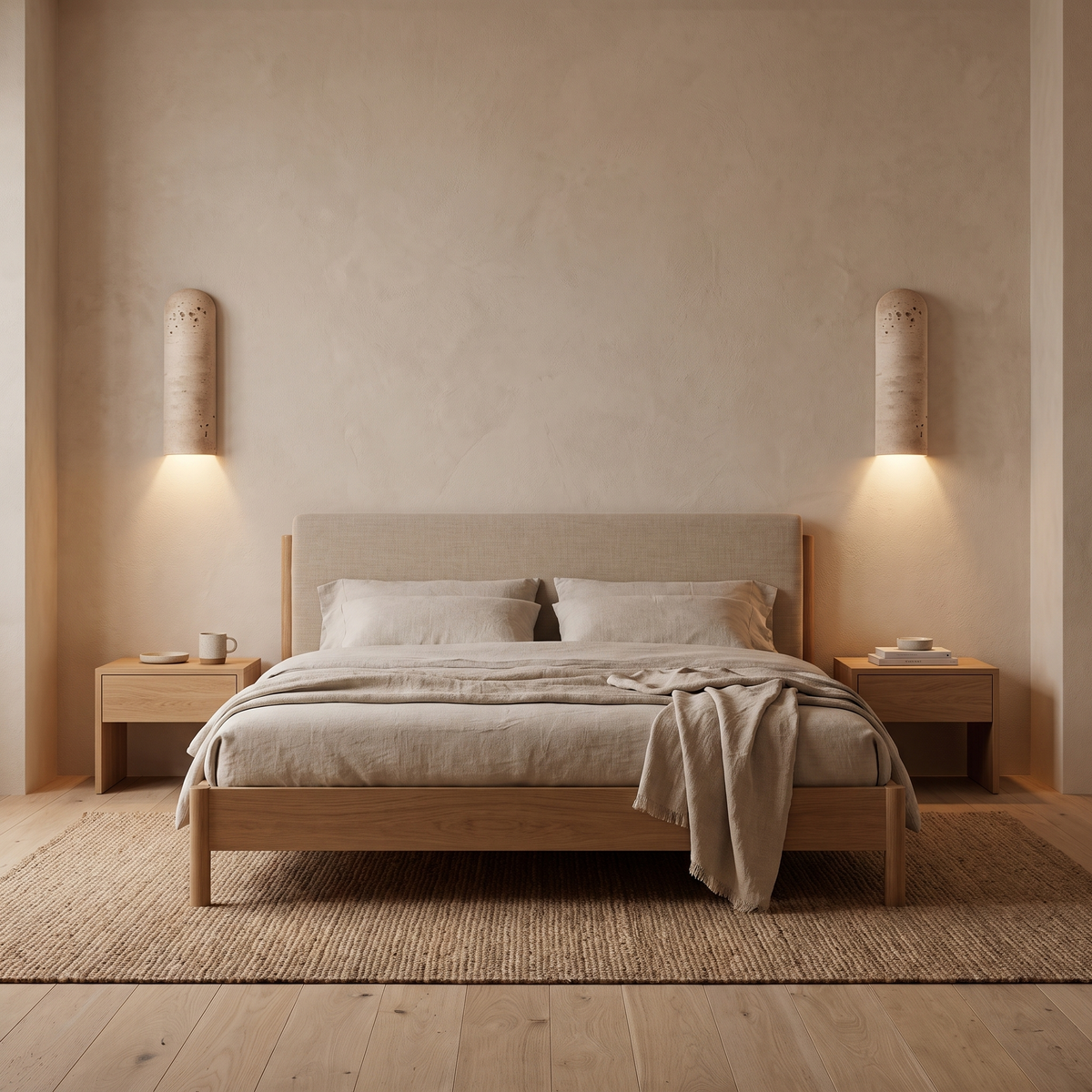 Colly travertine wall light in the lampshade down version in a bedroom