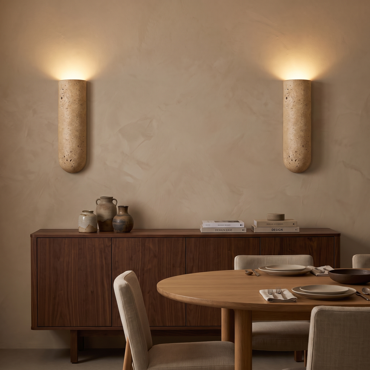 Colly travertine wall light in the lampshade up version in a dining room