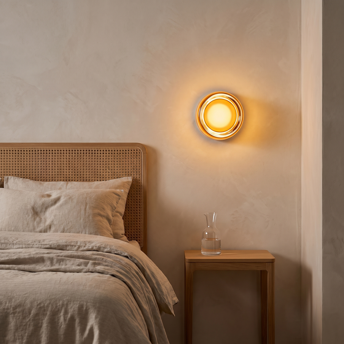 Comu golden amber dimpled glass sensor wall light beside a cane bed