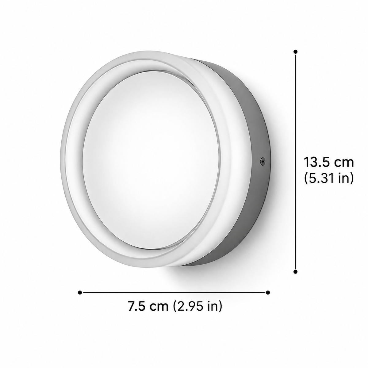 Comu sensor wall light dimensions, 13.5cm in diameter and 7.5cm deep