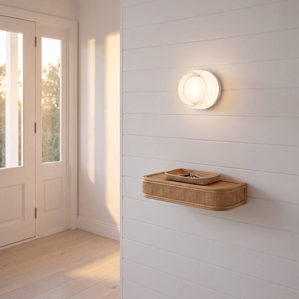 Comu white dimpled glass sensor wall light in a coastal entry