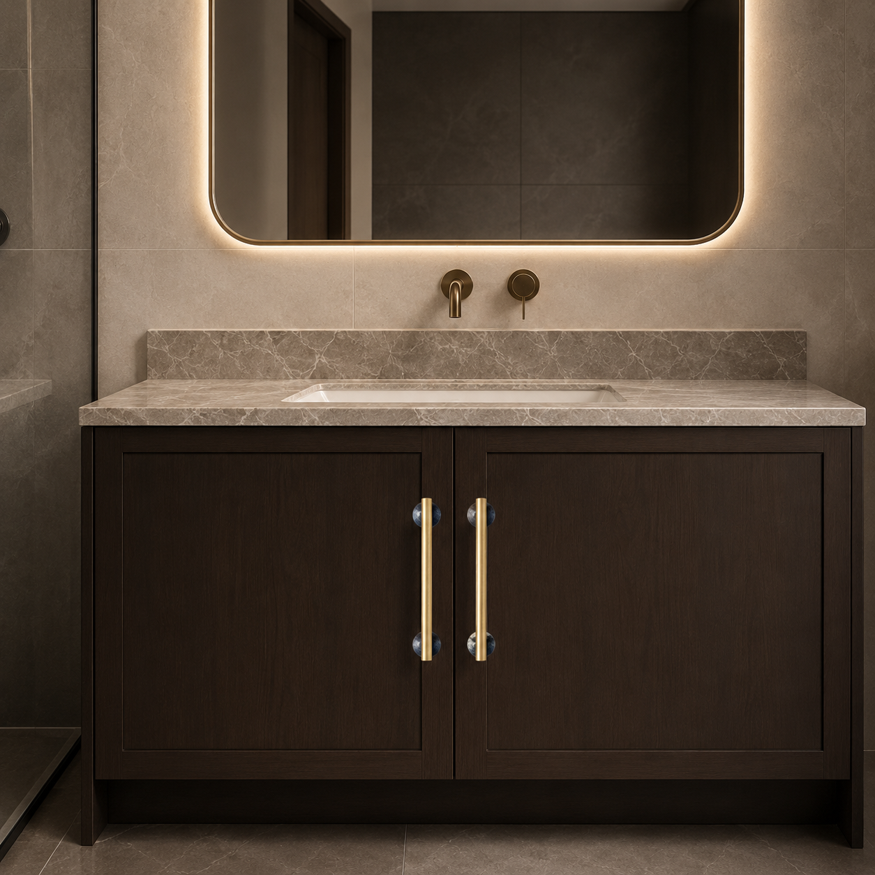 Coogee Brass & Marble Cabinet Handle fitted to a wardrobe door