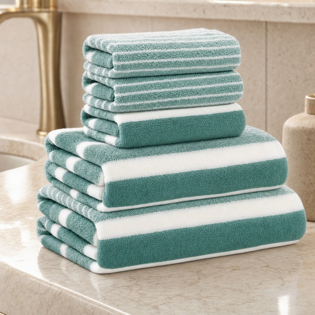 Coral fleece bath towel set in green stripes stacked on a marble bench with a soap bottle