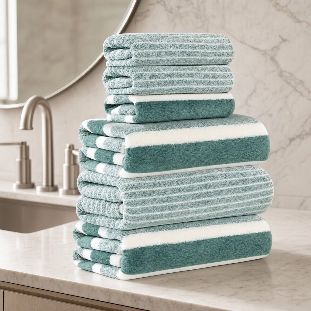 Coral fleece 6-piece towel set in green stripes on a marble vanity by a brushed nickel tap