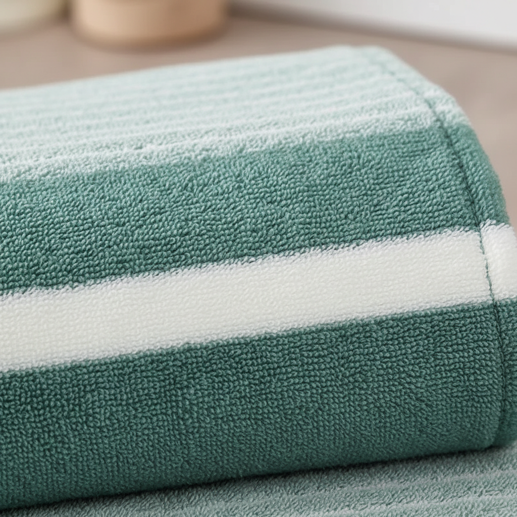 Close-up of the coral fleece towel in green showing its plush ribbed stripe texture