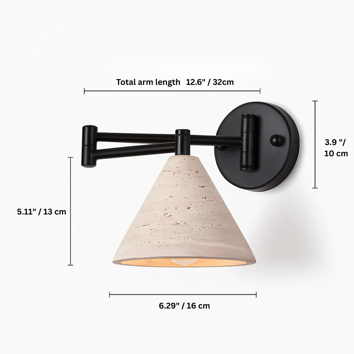 Cromer travertine swing arm wall lamp dimensions, 32cm arm, 16 x 13cm shade and 10cm wall plate
