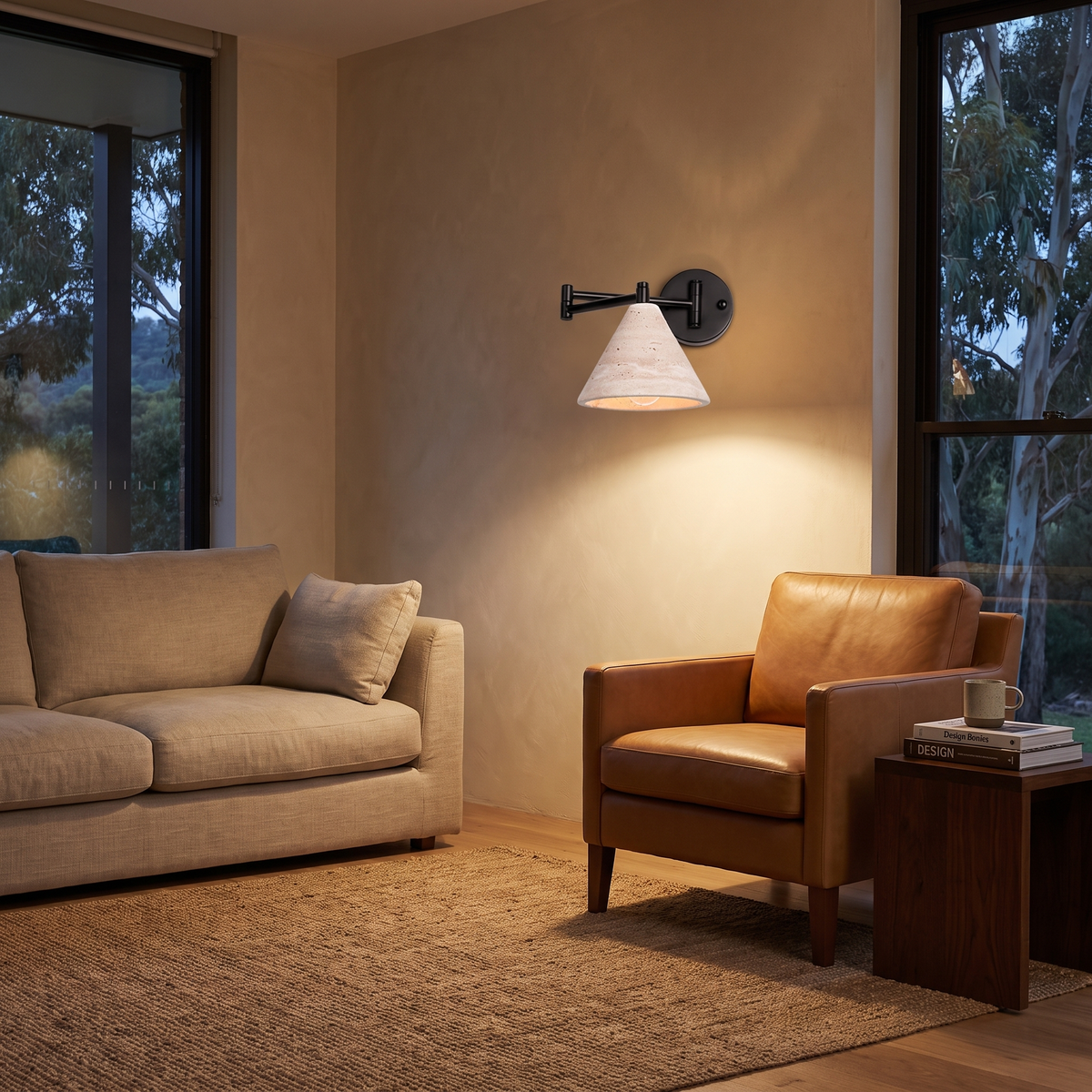 Cromer travertine swing arm wall lamp in a living room