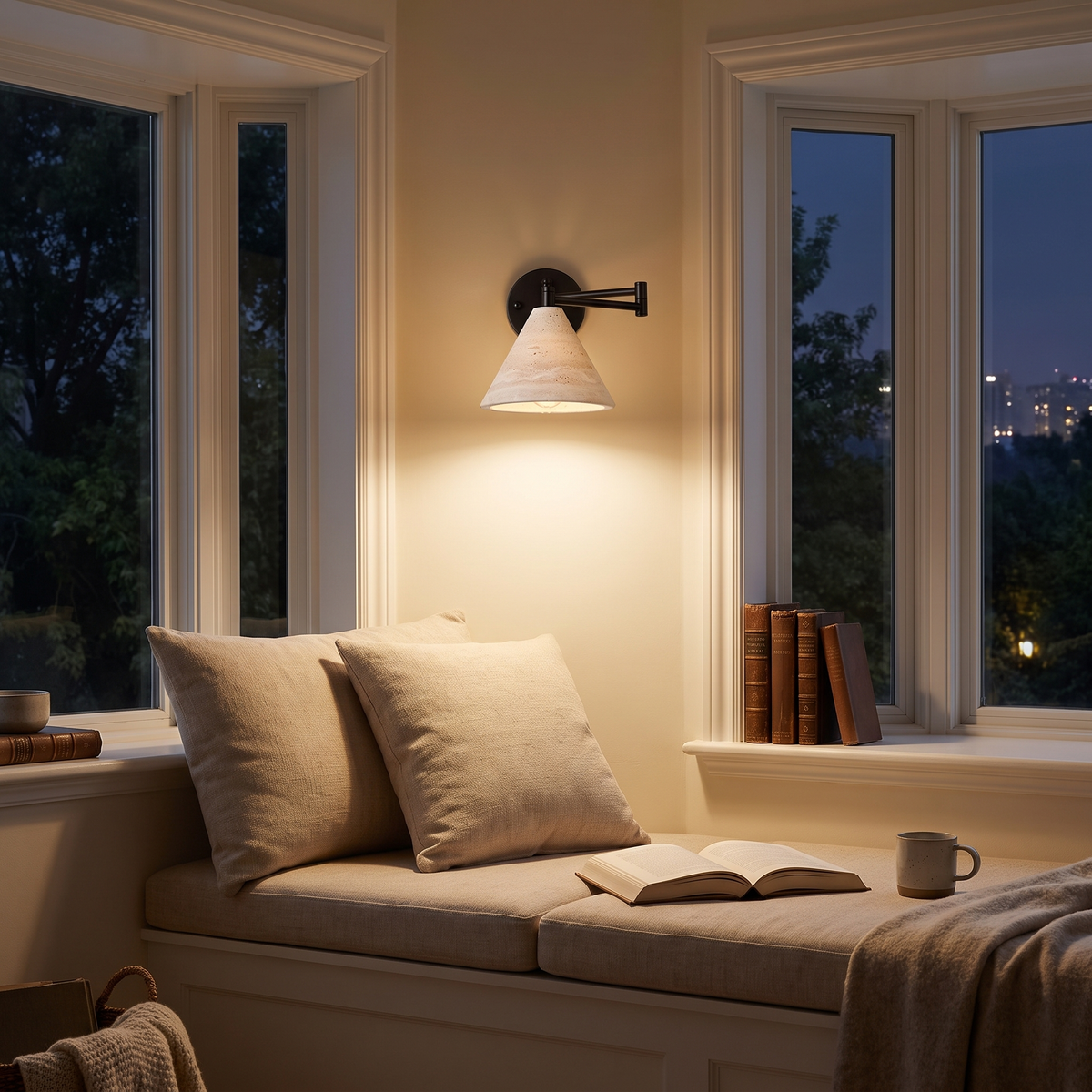 Cromer travertine swing arm wall lamp in a reading nook
