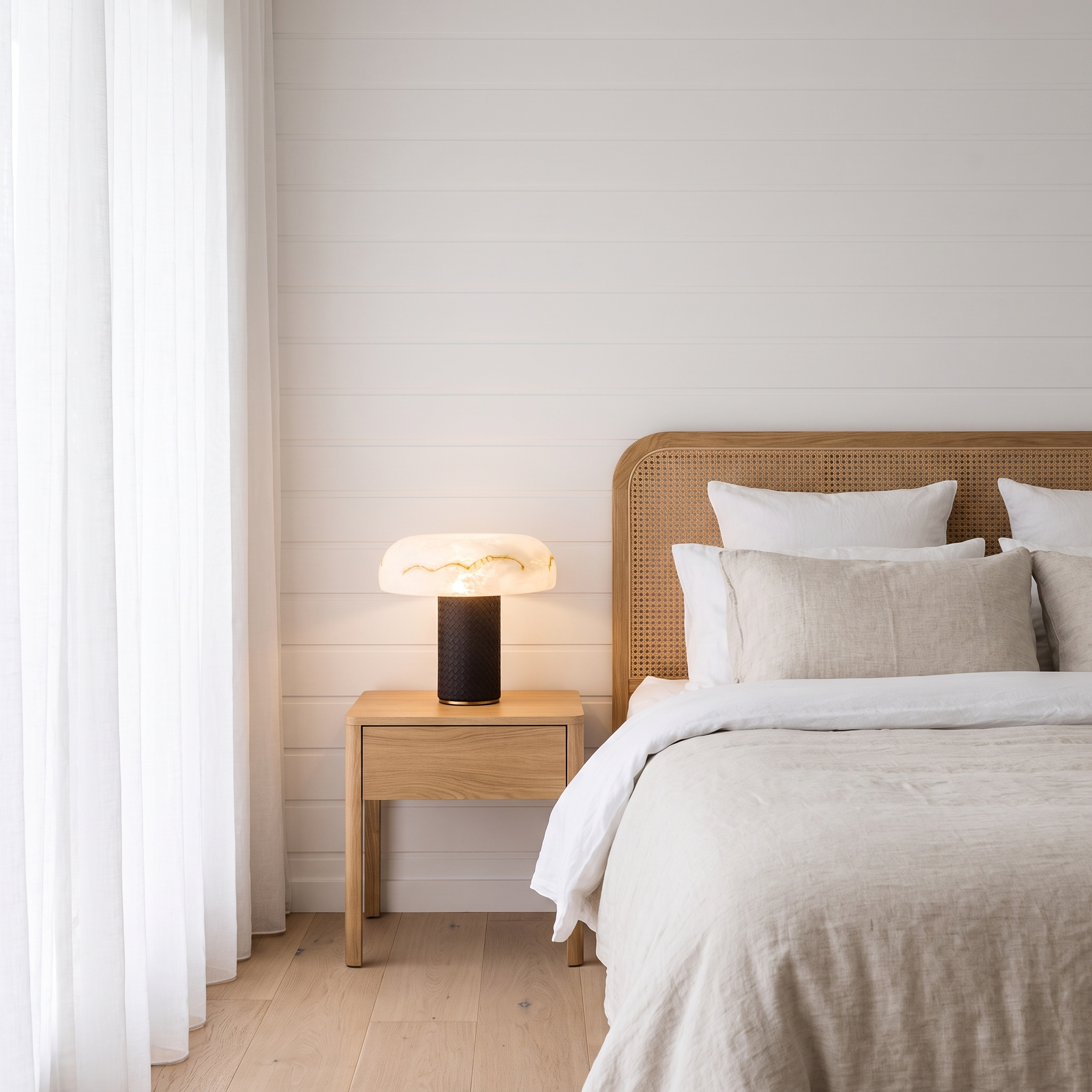 Cronulla Mediterranean glass-dome table lamp on a bedside table in a modern beach house bedroom