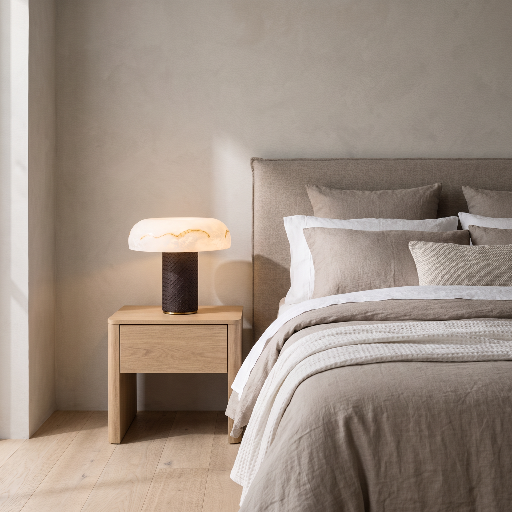 Cronulla Mediterranean glass-dome table lamp on a dresser in a coastal bedroom