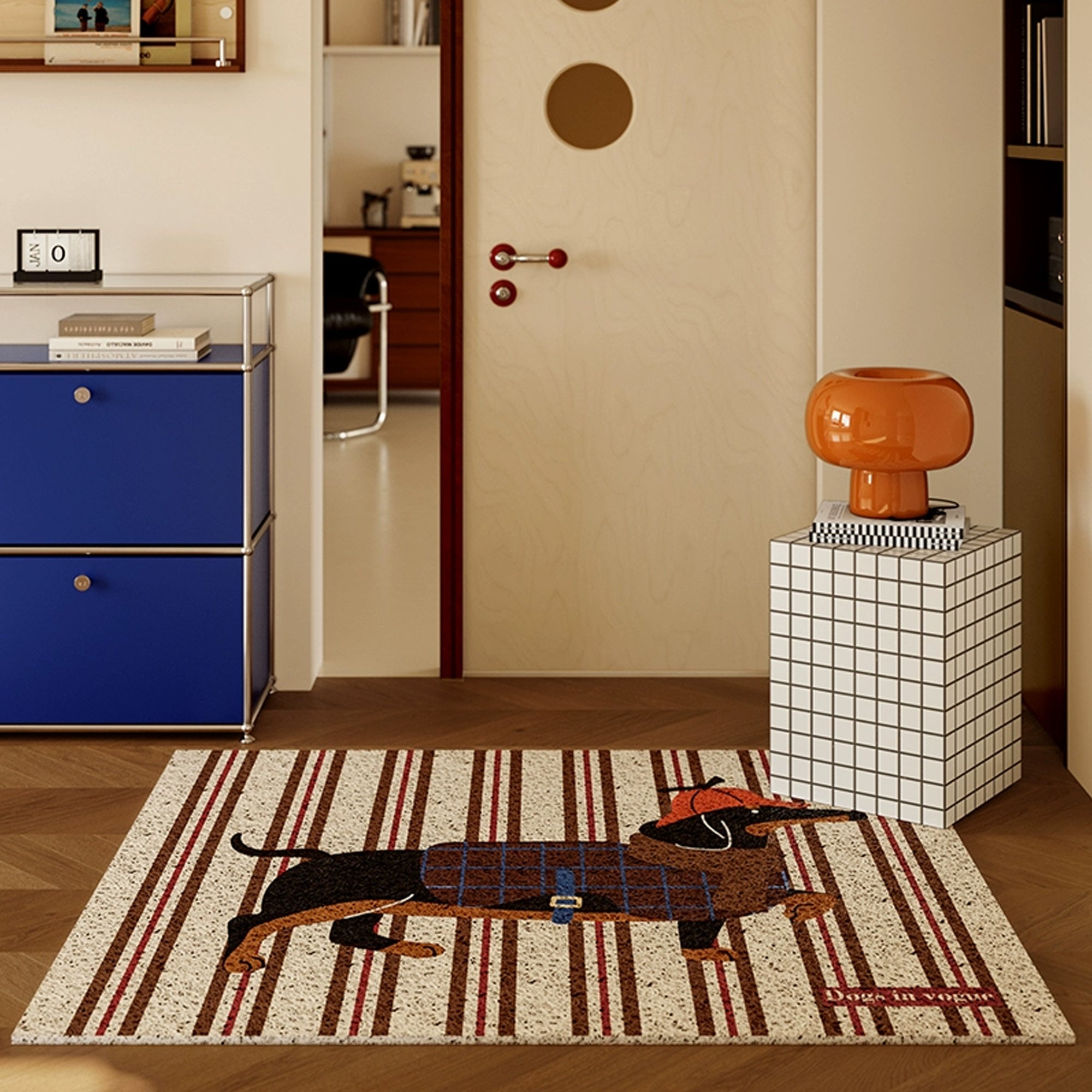 Dachshund Detective Coir Doormat at a home entryway