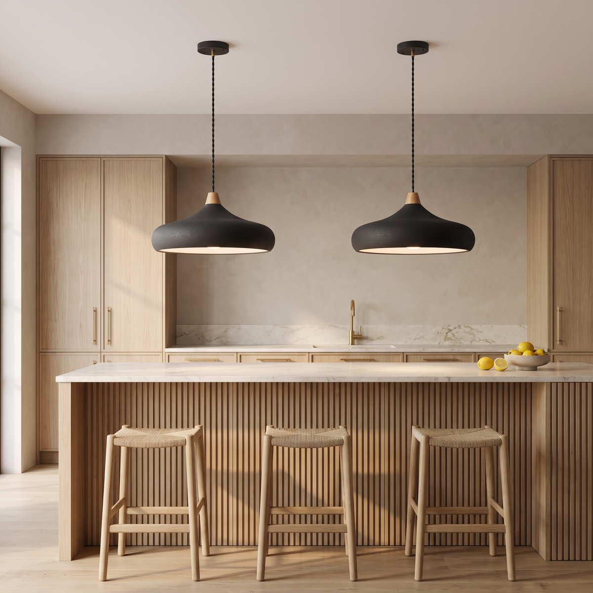 Pair of Dakota textured black disc pendant lights over a fluted oak kitchen island with a marble benchtop