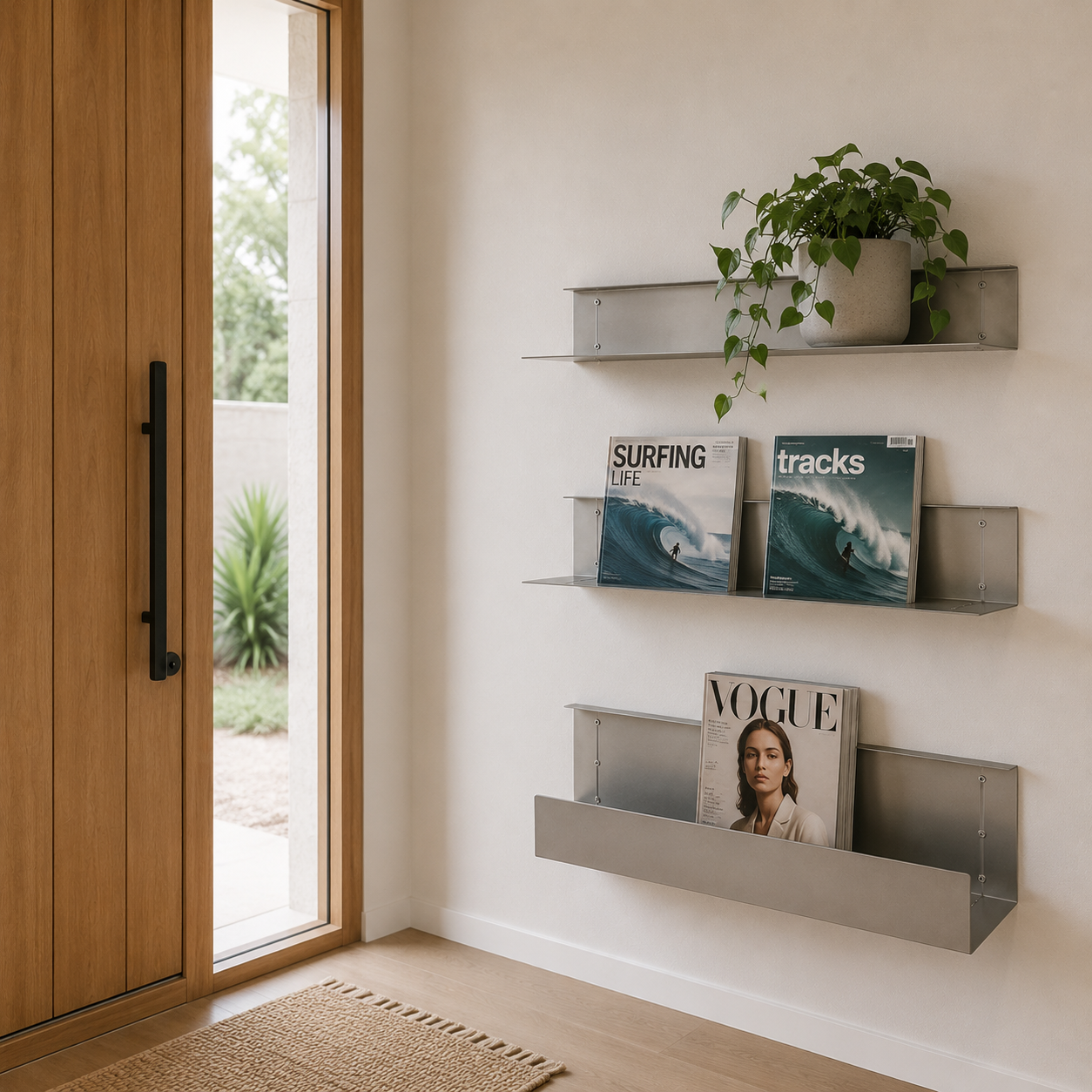 Close-up of the stainless steel finish on the Dalby Stainless Steel Wall Shelf
