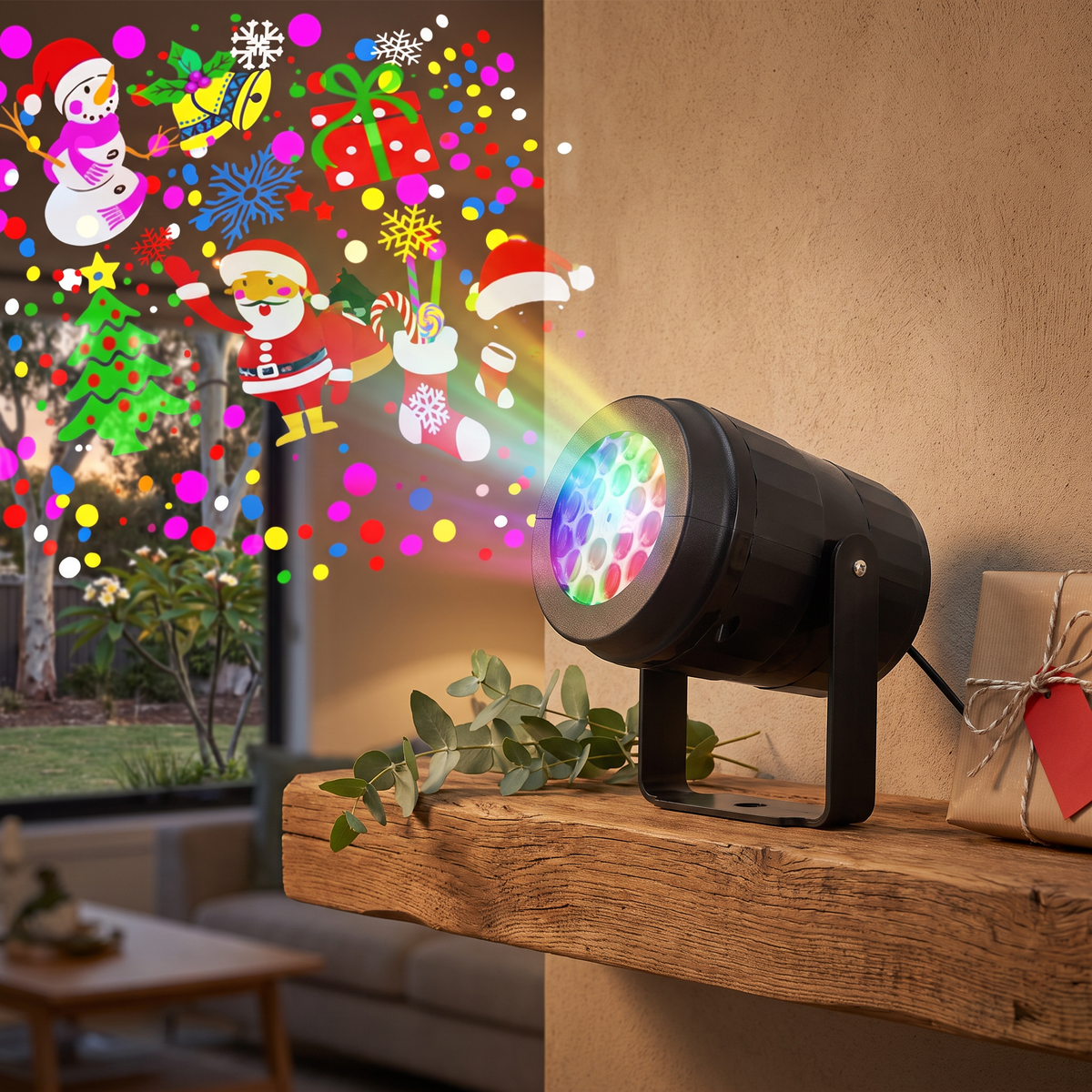 Close-up of the Daria LED Christmas projector with RGB lens on a timber mantel