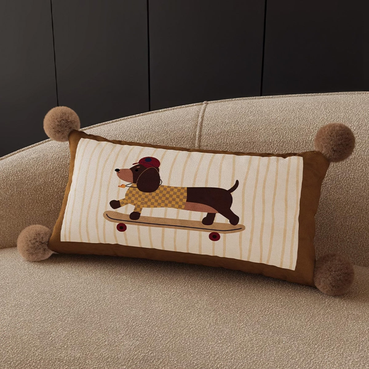 Dawg cozy dog print throw pillow with brown sherpa edges and pom-pom corners on a curved boucle sofa
