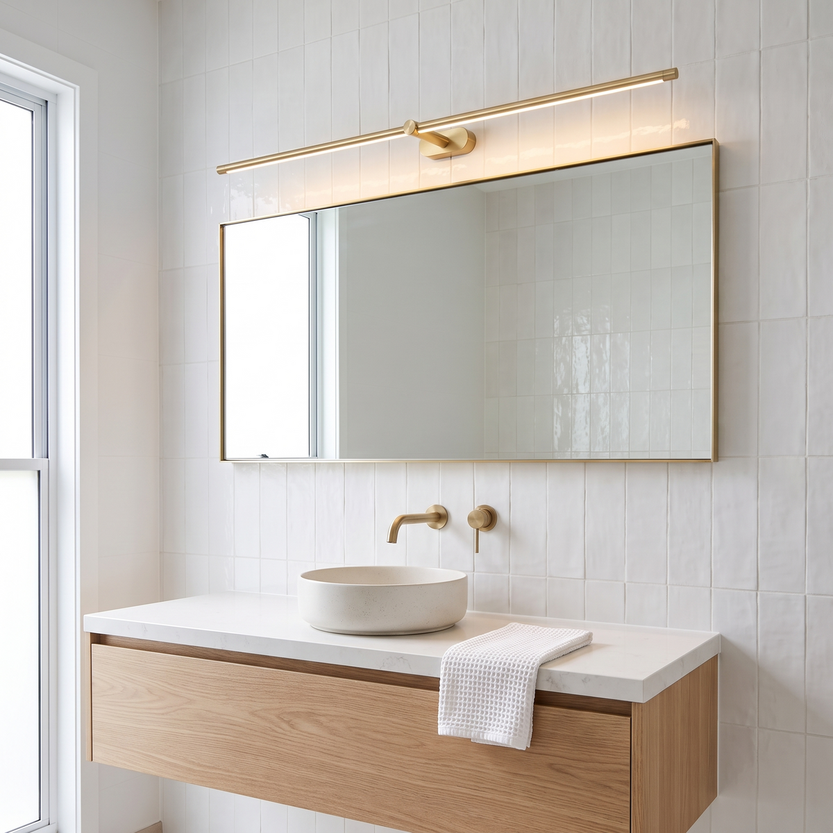 Debi gold linear wall lamp above a brass-framed mirror in a white tiled coastal bathroom