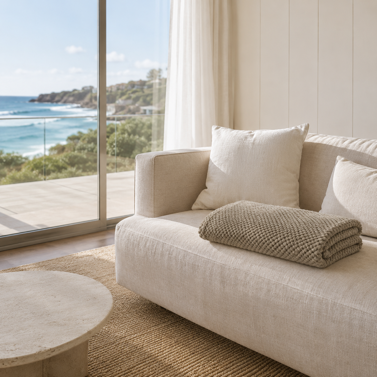 Denham Fleece Blanket draped over a sofa for everyday comfort